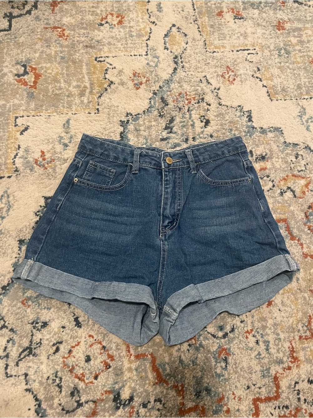 High-Rise Rolled Hem Denim Shorts - Blue